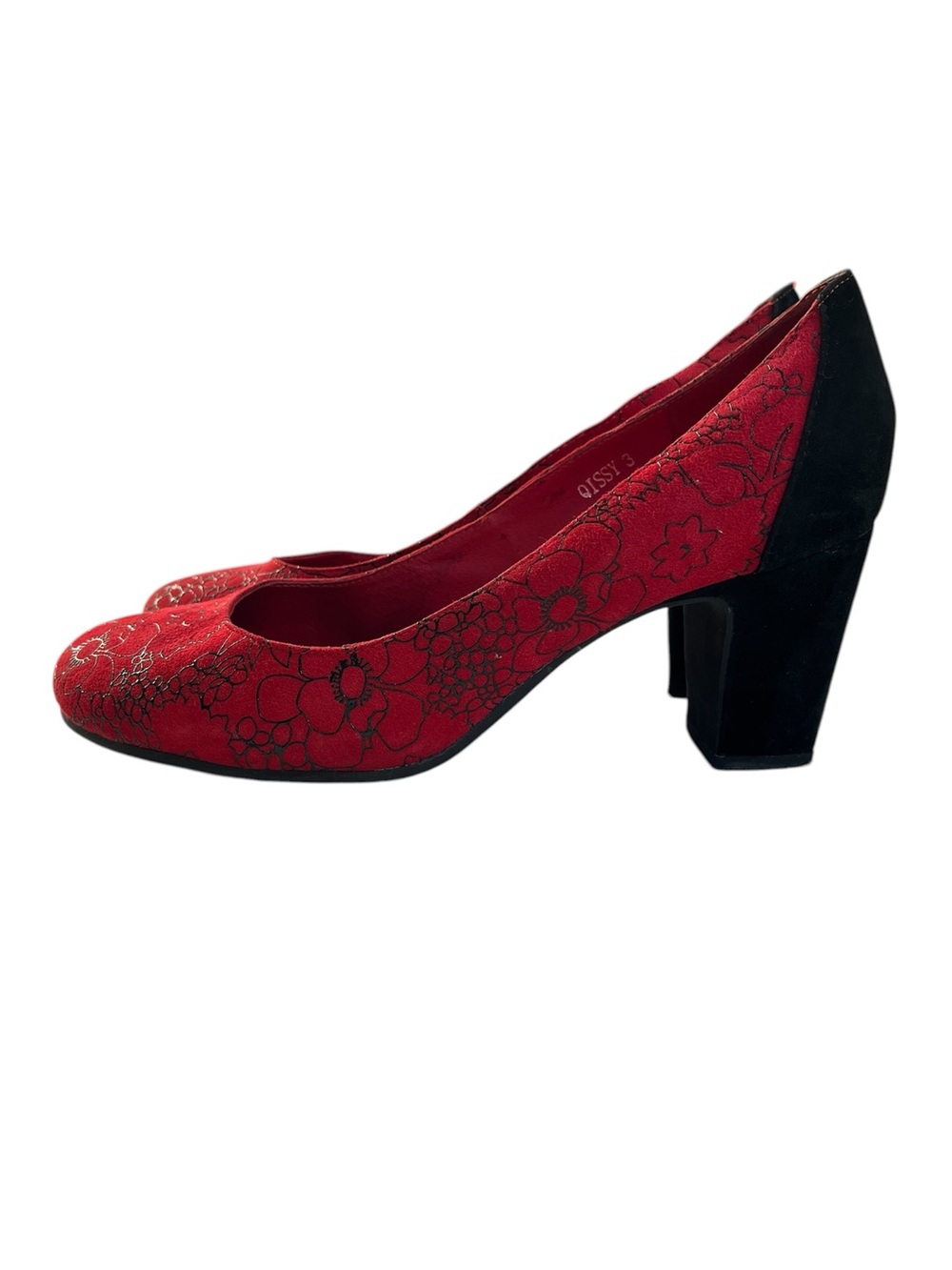 Django Juliette Red Suede Floral Whimsygoth Block Heel Round Toe Chunky Heels